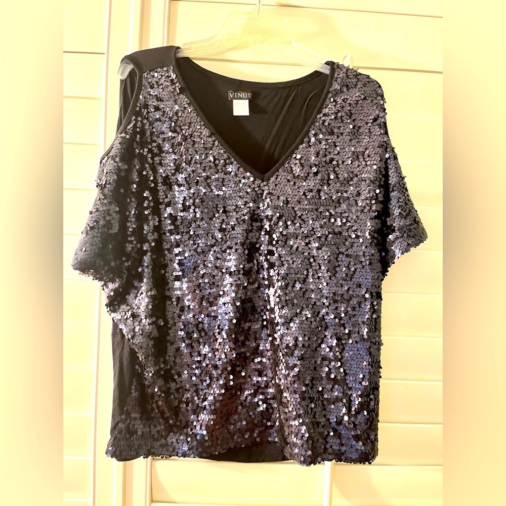 Venus all black top with front sequins and keyhole arms